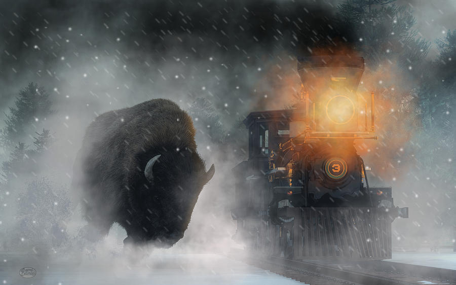 Giant Buffalo Attacking Train Digital Art by Daniel Eskridge