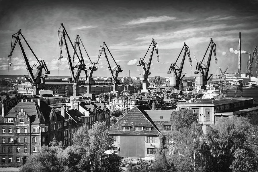 Crane Photograph - Giant Cranes of Gdansk Shipyard Poland Black and White by Carol Japp