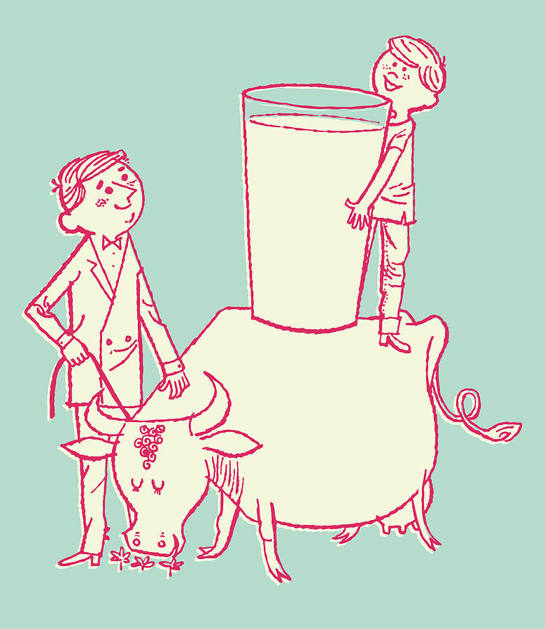 Vintage Drawing - Giant Glass of Milk on Cow by CSA Images