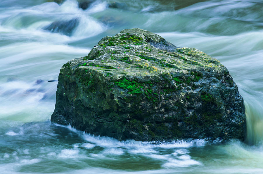 Abstract Photograph - Giant Moss Covered Boulder Swirling Water by Anthony Paladino