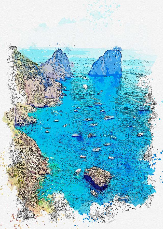 Giardini Di Augusto Overlooking The Bay Surrounding Scoglio Unghia Marina In Capri, Italy Watercolor Painting