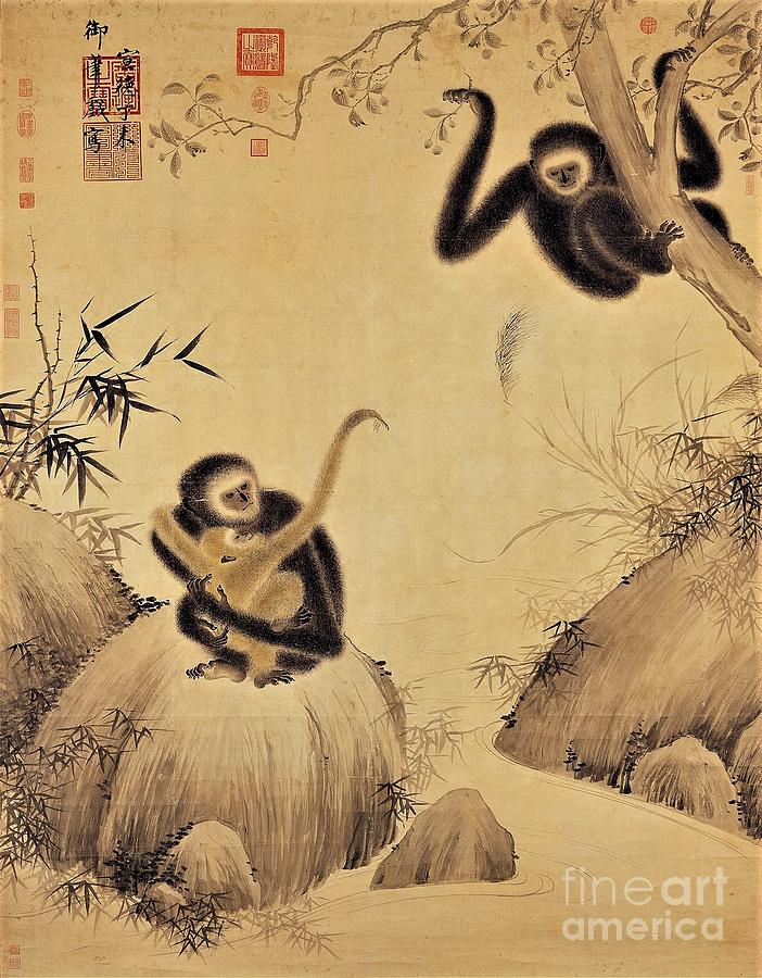 Animal Painting - Gibbons at play by Thea Recuerdo