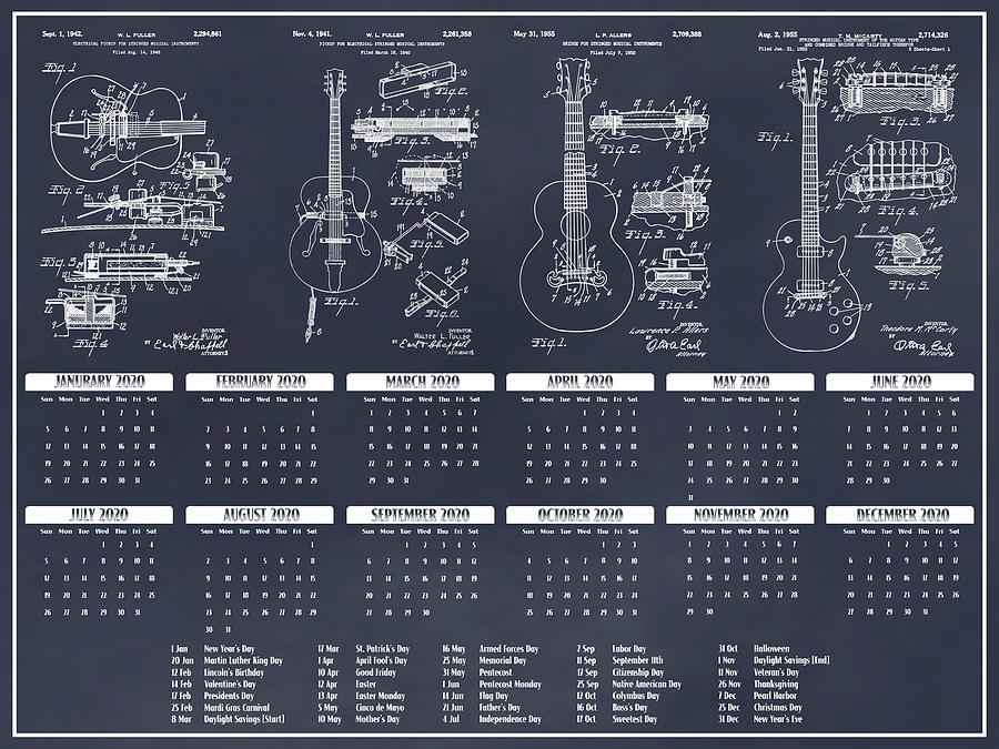 Gibson Guitar Calendar Patent Print Set Blackboard Drawing by Greg Edwards