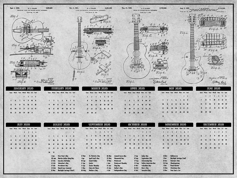 Gibson Guitar Calendar Patent Print Set Gray Drawing by Greg Edwards