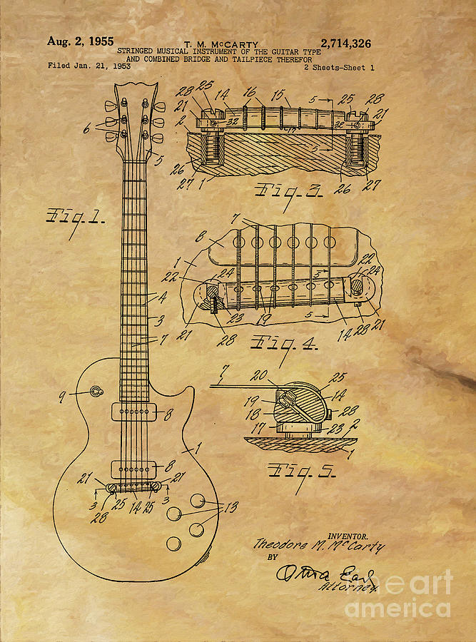 Gibson Les Paul Patent Drawing 1955 canvas print,photographic print,art print,framed print, Digital Art by David Millenheft