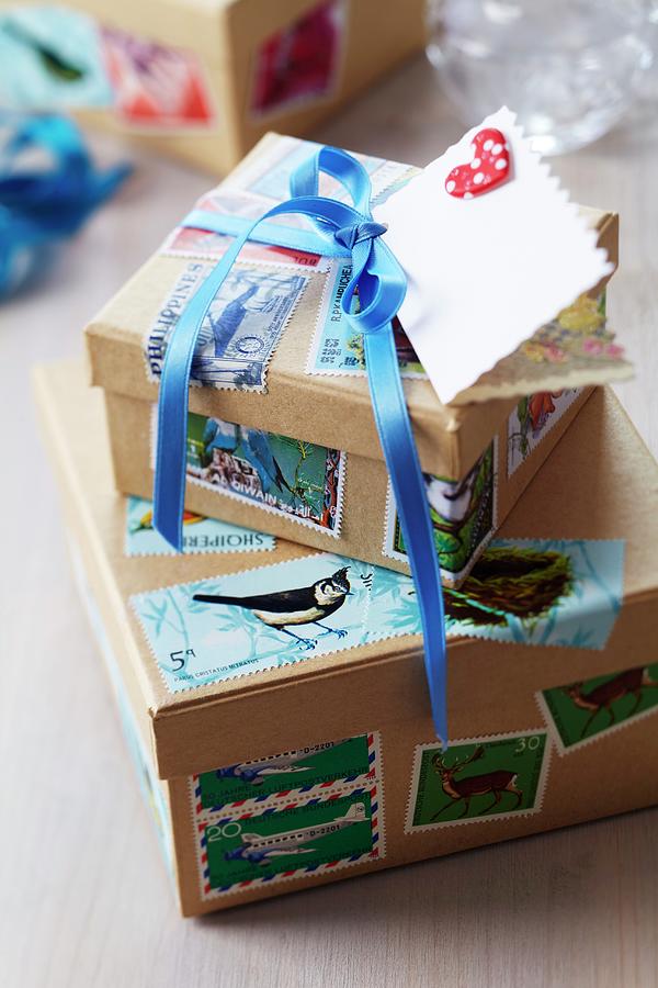 Gift Boxes Decorated With Postage Stamps Photograph by Franziska Taube