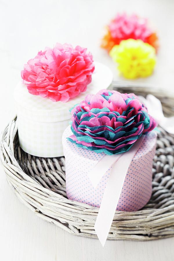 Gift Boxes Decorated With Tissue Paper Pompoms Photograph by Franziska Taube