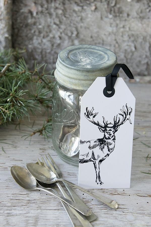 Gift Tag With Picture Of Stag Leaning Against Preserving Jar Holding Silver Cutlery Photograph by Martina Schindler