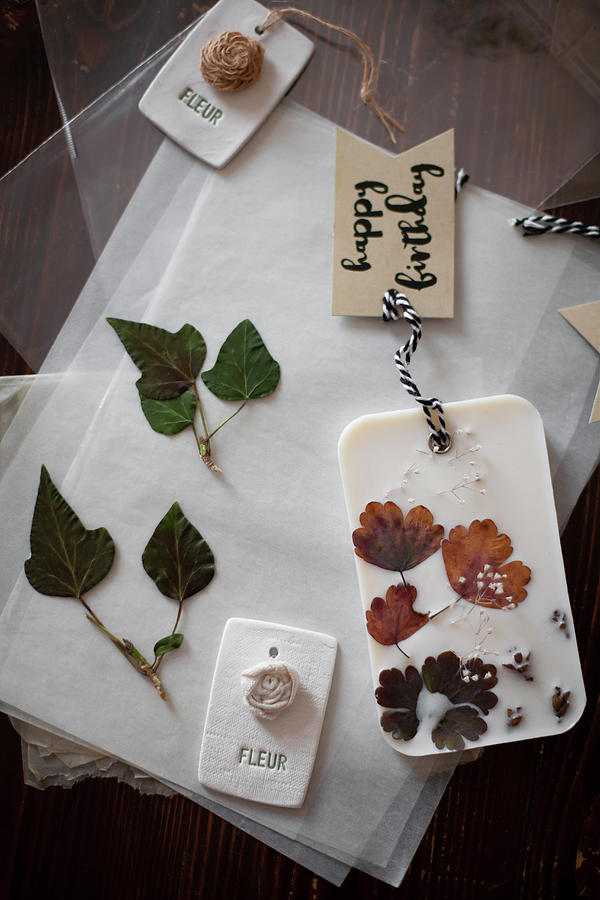 Vintage Photograph - Gift Tags And Handmade Scented Wax Tablets With Flowers And Leaves by Alicja Koll