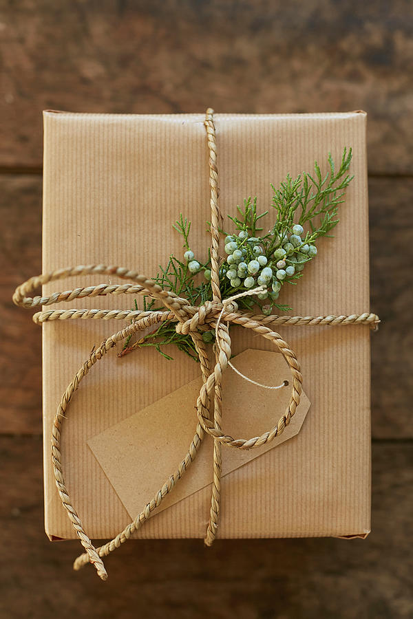 Gift Wrapping Made Of Wrapping Paper, String, Gift Tag, And Juniper Branch Photograph by Frdric Jacquet