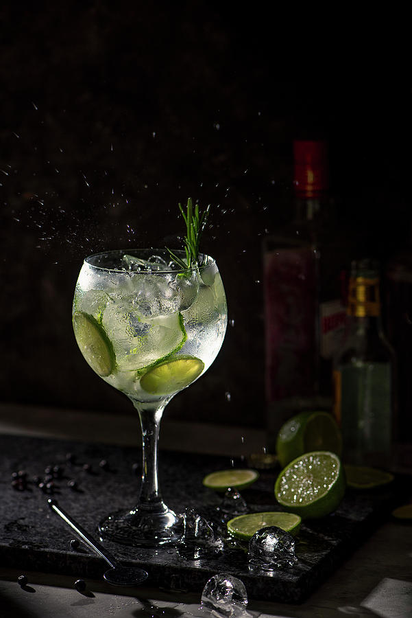 Gin And Tonic In A Tall Stem Glass With Lime, Cucumber And Rosmary Photograph by Magdalena Hendey
