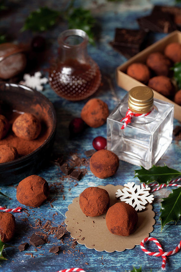 Gin Truffles Freshly Rolled In Coco Powder With Mini Bottle Of Gin Photograph by Jane Saunders