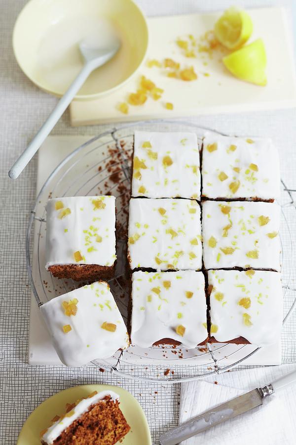 Ginger And Lemon Tray Bake Cake With Icing And Candied Ginger Photograph by Charlotte Tolhurst
