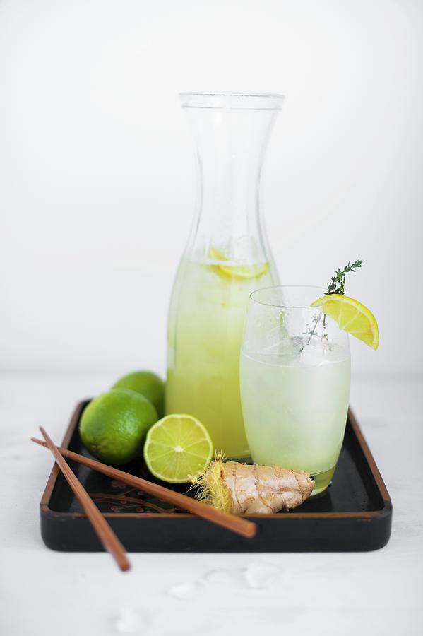 Ginger And Lime Soda With Ingredients On A Varnished Tray Photograph by Magdalena Hendey