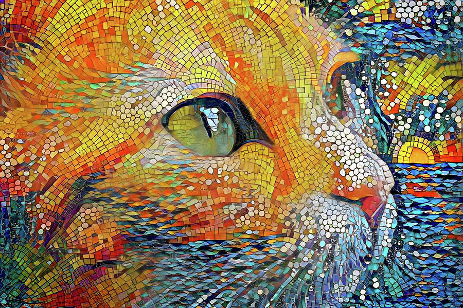 Ginger Cat at the Beach Mosaic Art Digital Art by Peggy Collins