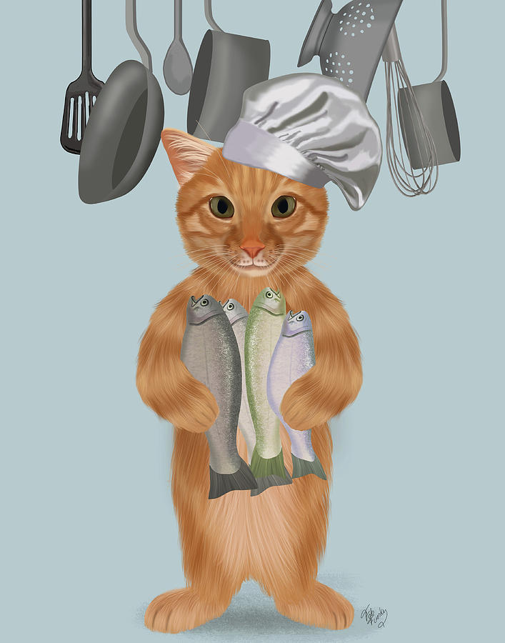 Cat Painting - Ginger Cat Fish Chef, Full by Fab Funky