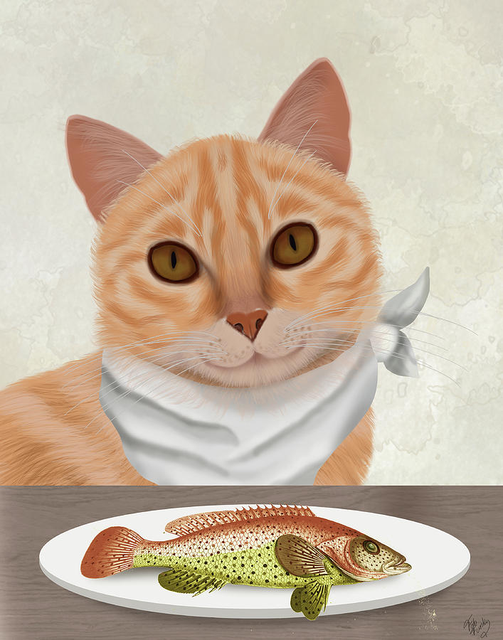 Cat Painting - Ginger Cat Fish Dinner by Fab Funky