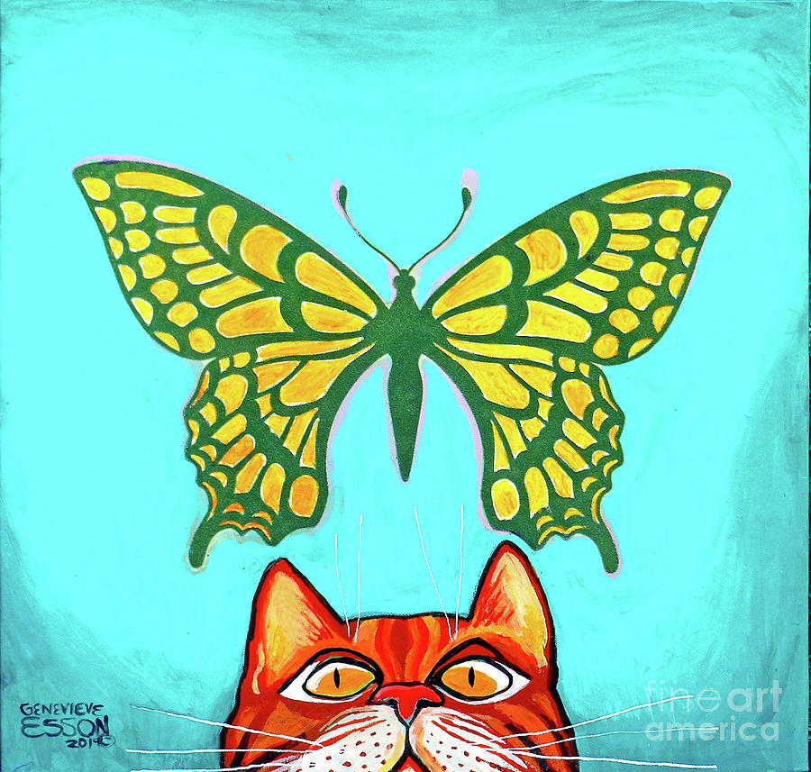 Ginger cat With Yellow Butterfly Painting by Genevieve Esson