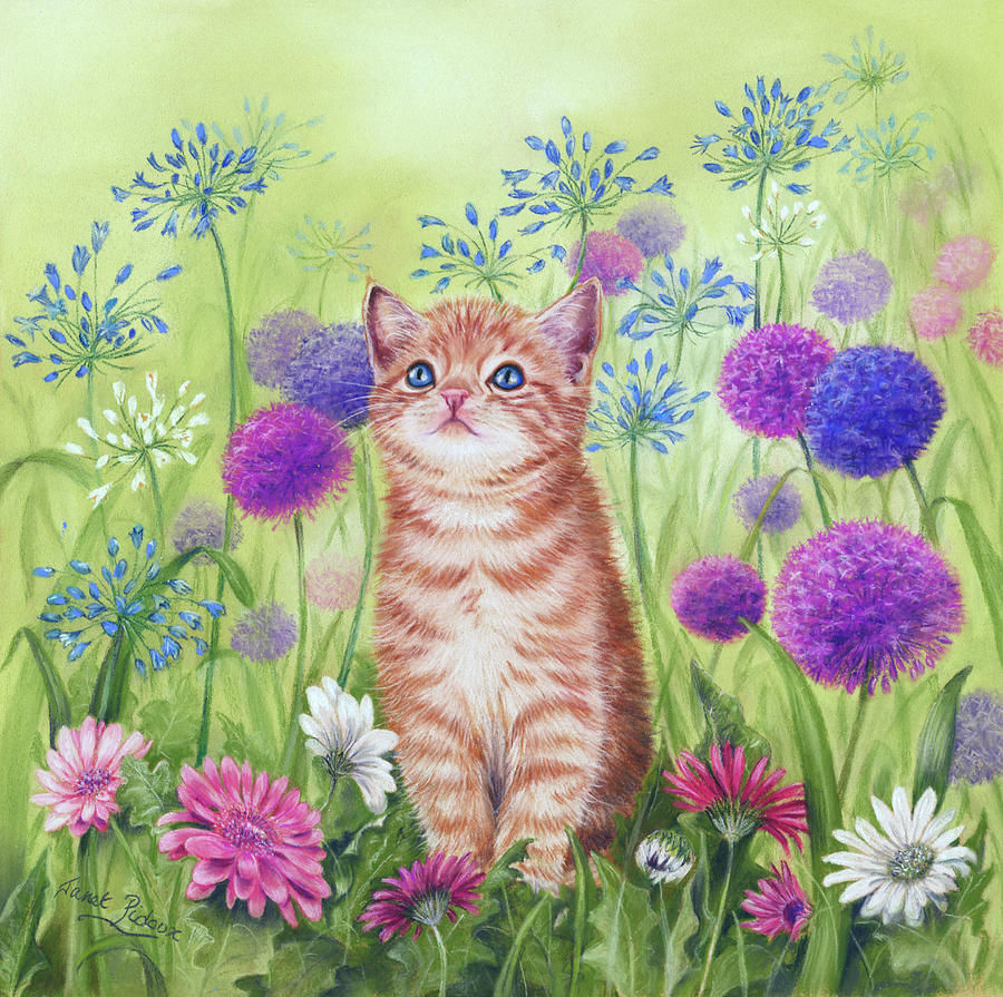 Spring Painting - Ginger Kitten In Flowers by Janet Pidoux