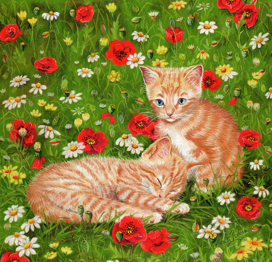 Animal Painting - Ginger Kittens In Red Poppies by Janet Pidoux