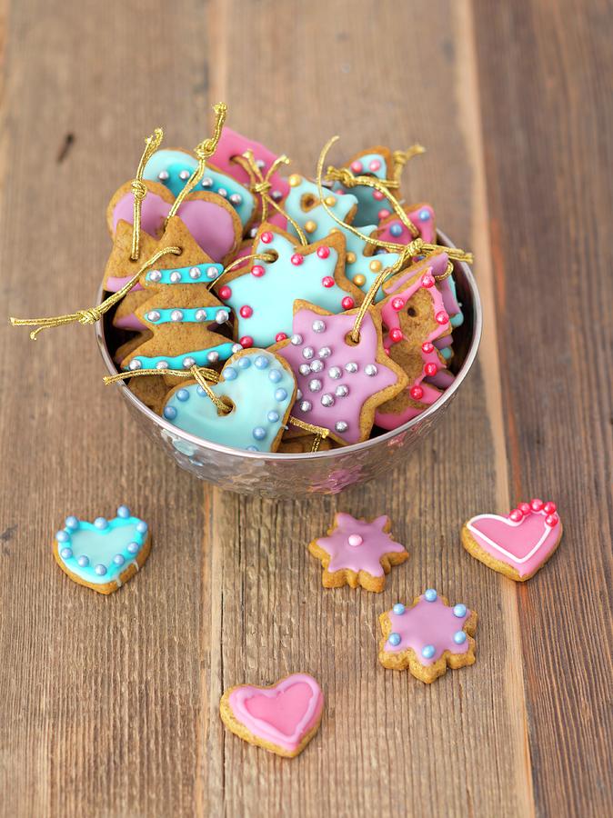 Gingerbread Decorated With Colourful Icing And Sugar Pearls As Christmas Tree Decorations Photograph by Rua Castilho