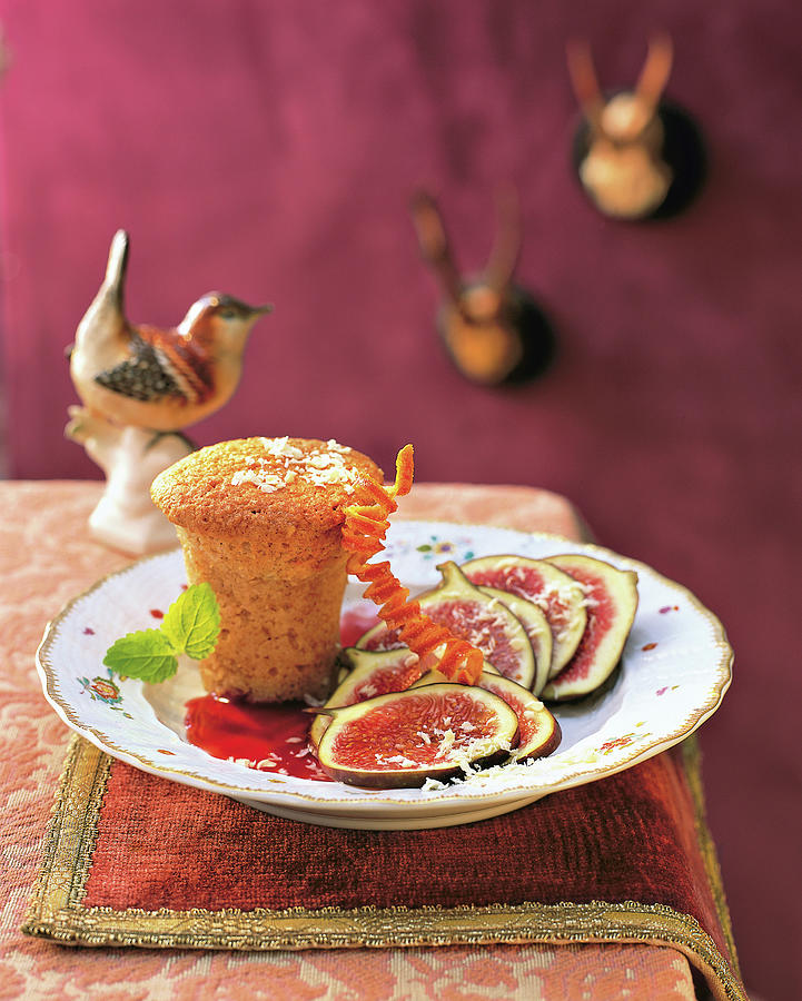 Gingerbread Pudding With Slices Of Figs And Grape Sauce On Plate Photograph by Jalag / Jan-peter Westermann