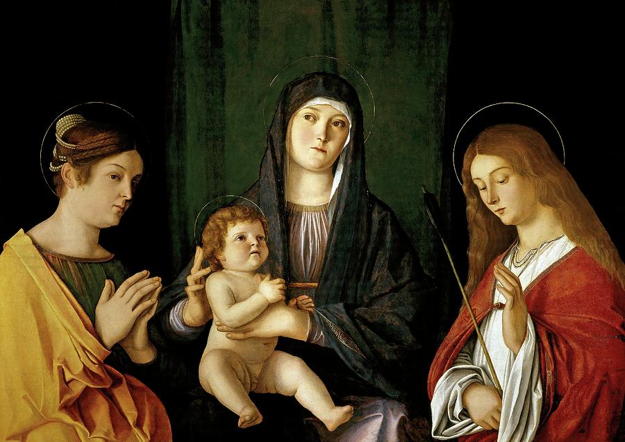 Giovanni Bellini Painting - Giovanni Bellini -and workshop- The Virgin and Child between two Saints, ca. 1490, Italian School. by Giovanni Bellini -1430-1516-