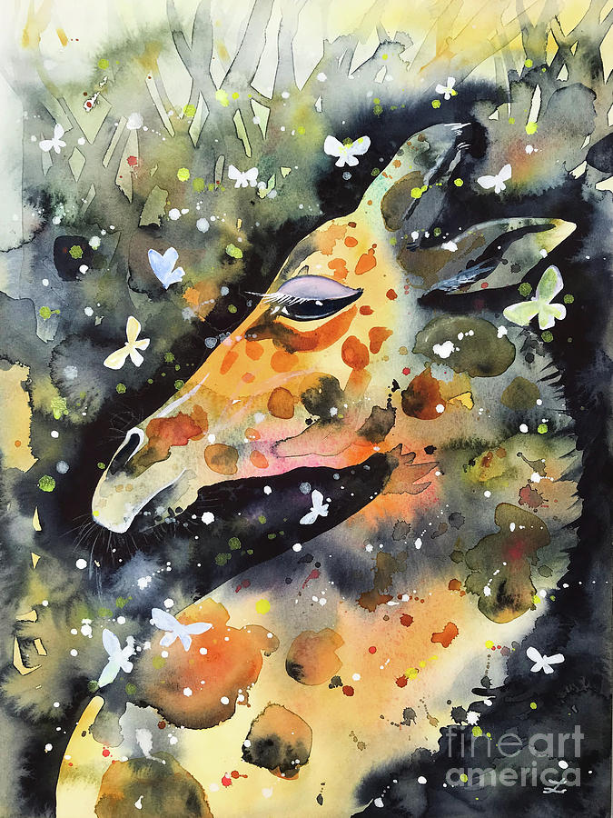 Giraffe and Butterflies Painting by Zaira Dzhaubaeva