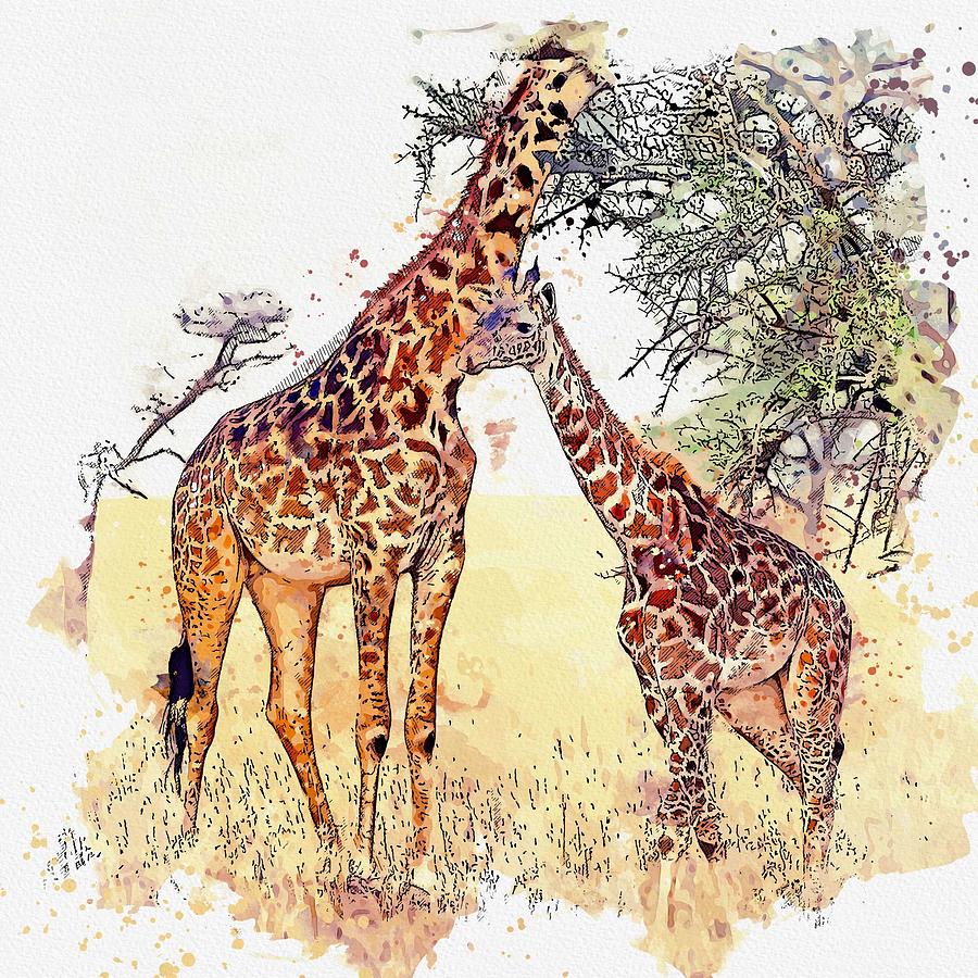 Giraffe mother -  watercolor by Ahmet Asar Painting by Celestial Images