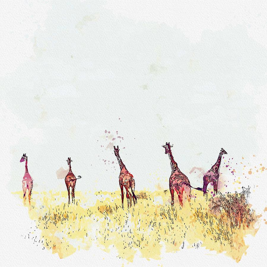 Giraffes, Masai Mara National Reserve, Kenya -  watercolor by Ahmet Asar Painting by Celestial Images