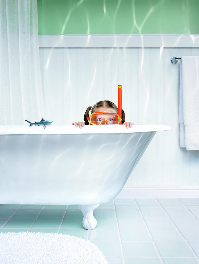 Girl  8-9 In Bathtub Wearing Scuba Mask Photograph by Stephen Swintek