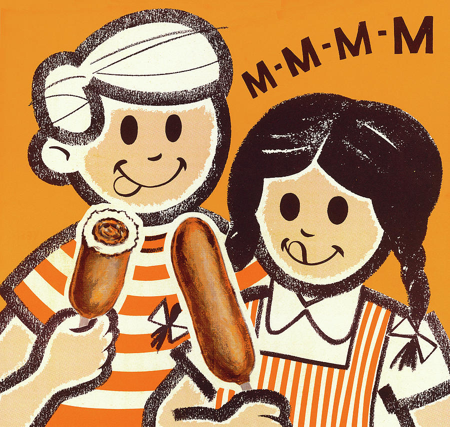 Vintage Drawing - Girl and Boy Eating Corn Dogs by CSA Images