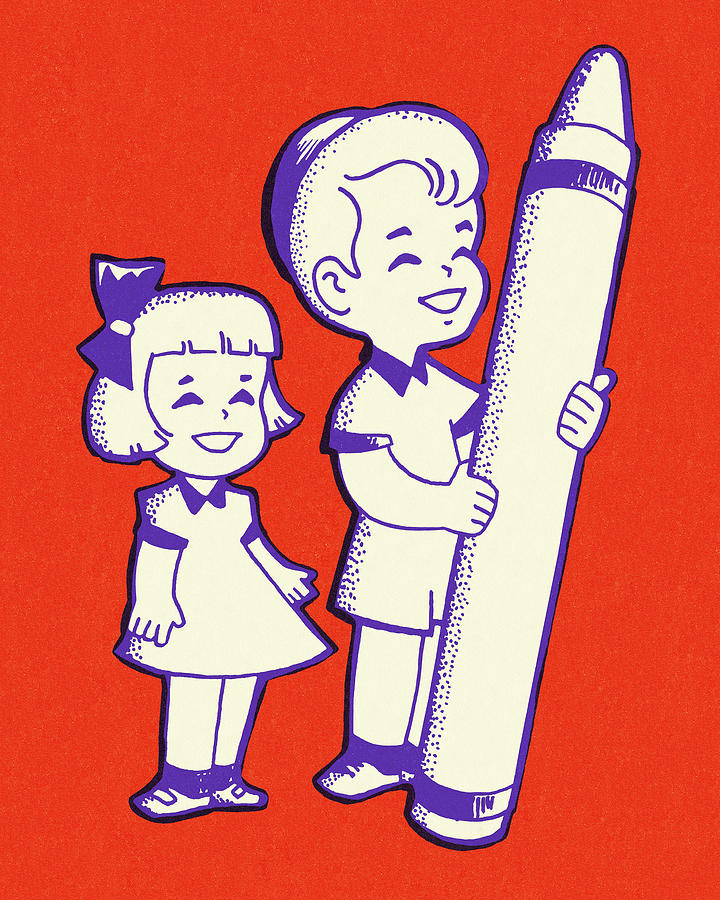 Vintage Drawing - Girl and Boy with a Large Crayon by CSA Images
