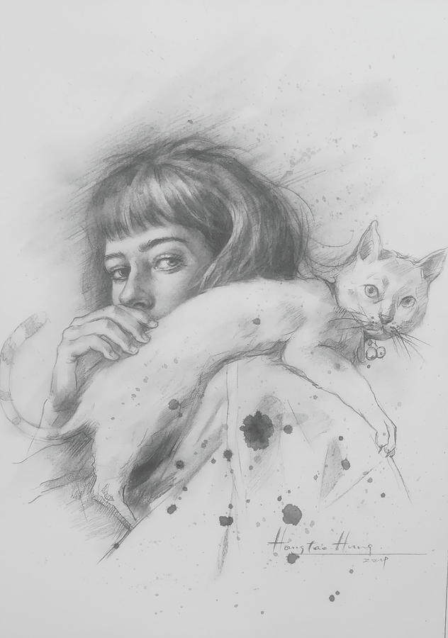 Girl And Cat Drawing by Hongtao Huang
