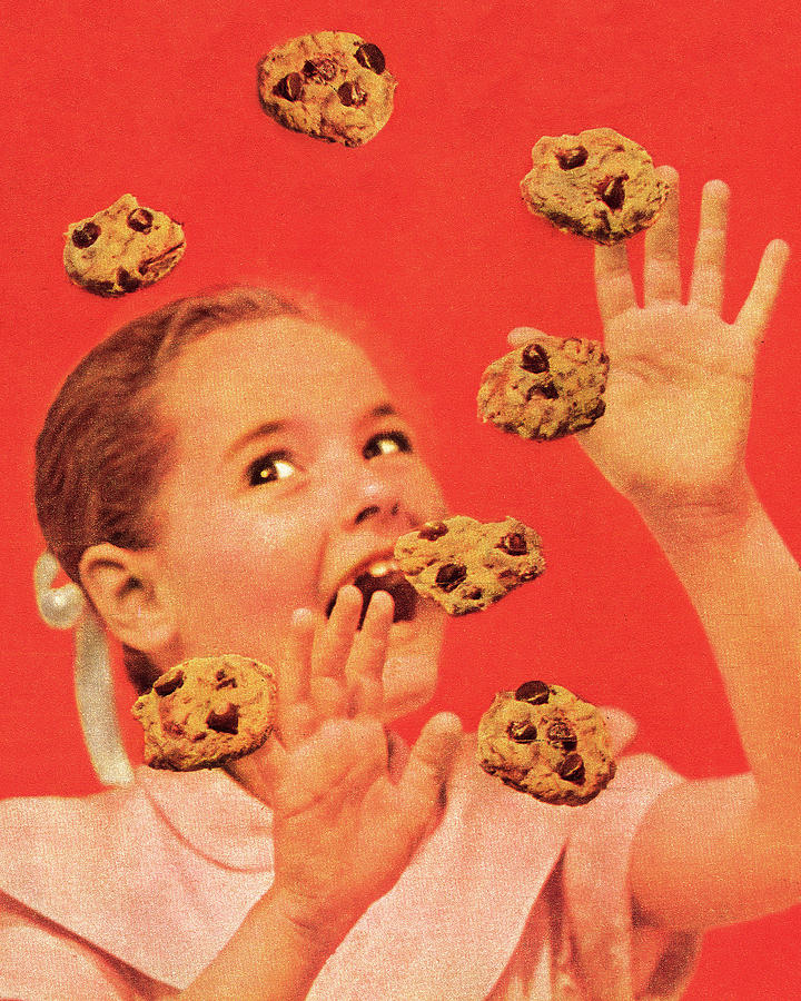 Vintage Drawing - Girl and Chocolate Chip Cookies by CSA Images
