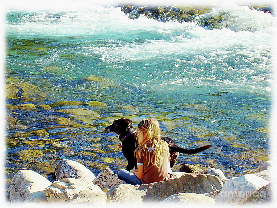 Girl And Friend Relaxing At Elbow Falls Photograph by Al Bourassa