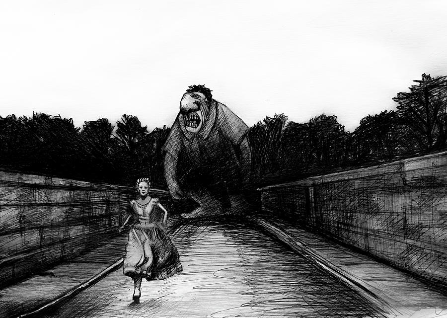 Girl And Troll On Bridge Painting