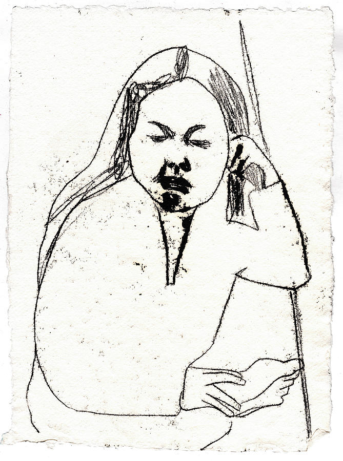 Girl at a Table Black Oil Drawing Drawing by Edgeworth Johnstone