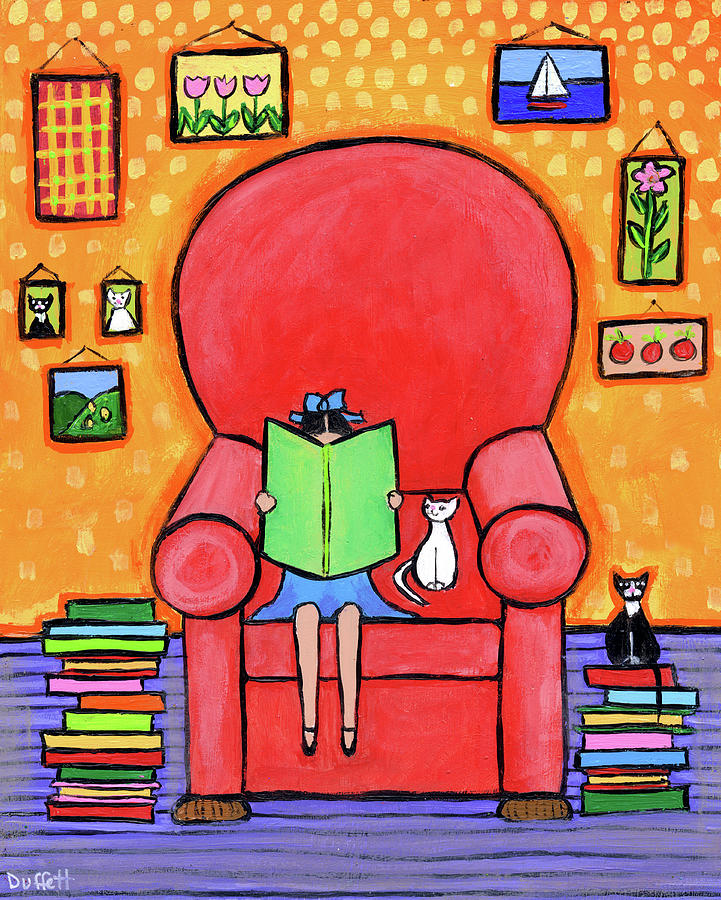 Child Painting - Girl Books Cats Reading Chair by Shelagh Duffett