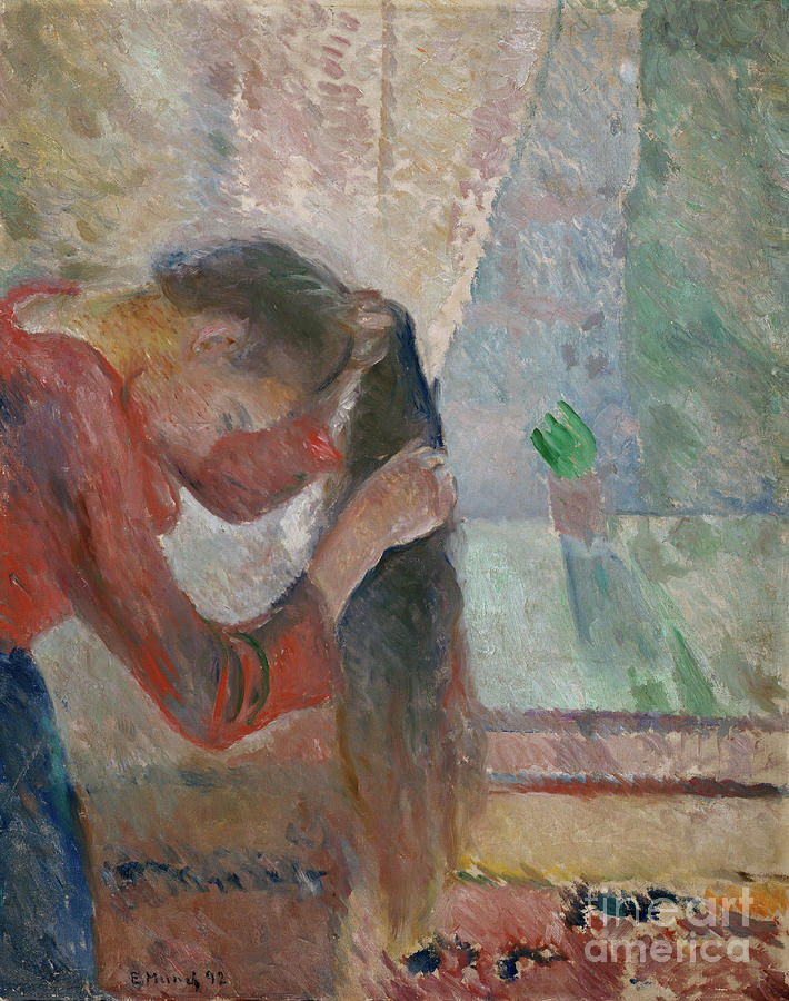 Girl combing her hair, 1892 Painting by O Vaering by Edvard Munch