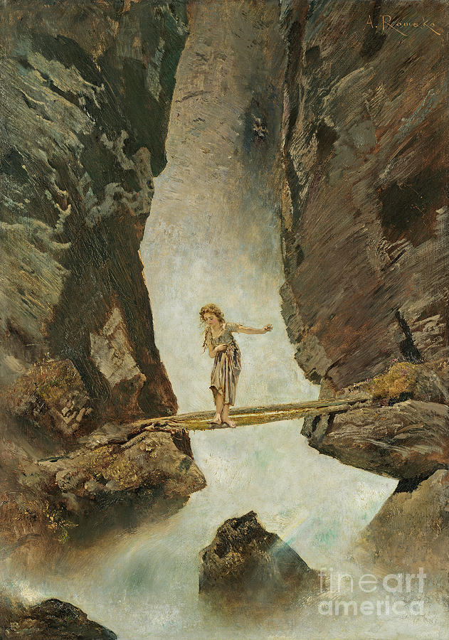 Girl Crossing A Mountain Torrent Drawing by Heritage Images