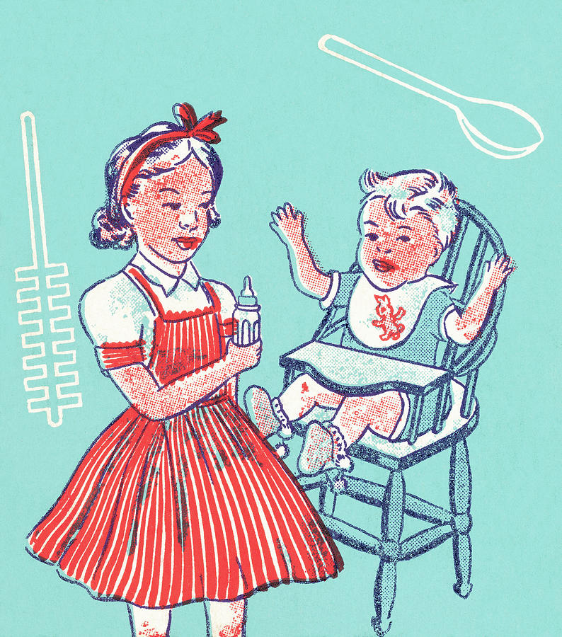 Vintage Drawing - Girl feeding baby by CSA Images