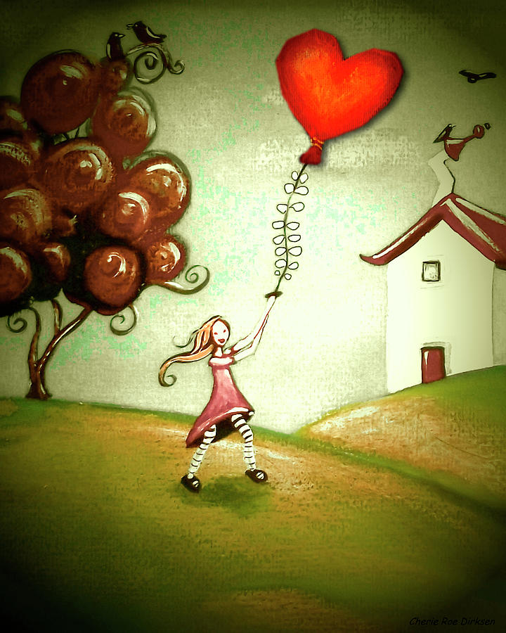 Holiday Painting - Girl Flying A Heart Balloon by Cherie Roe Dirksen
