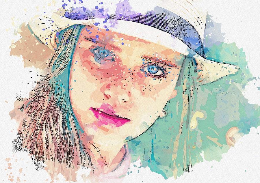 Girl Hat Young Woman Freckles Pretty watercolor by Ahmet Asar Painting by Celestial Images