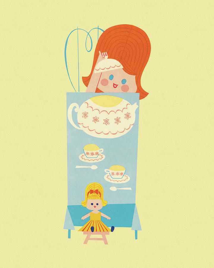 Tea Drawing - Girl Having a Tea Party with Her Doll by CSA Images