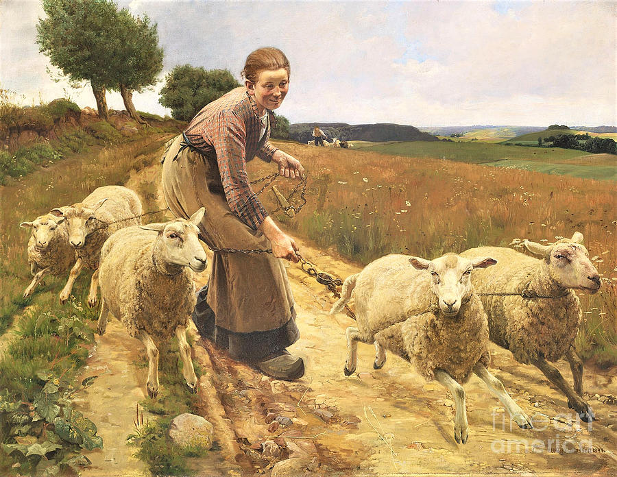 Girl herding sheep Painting by Thea Recuerdo
