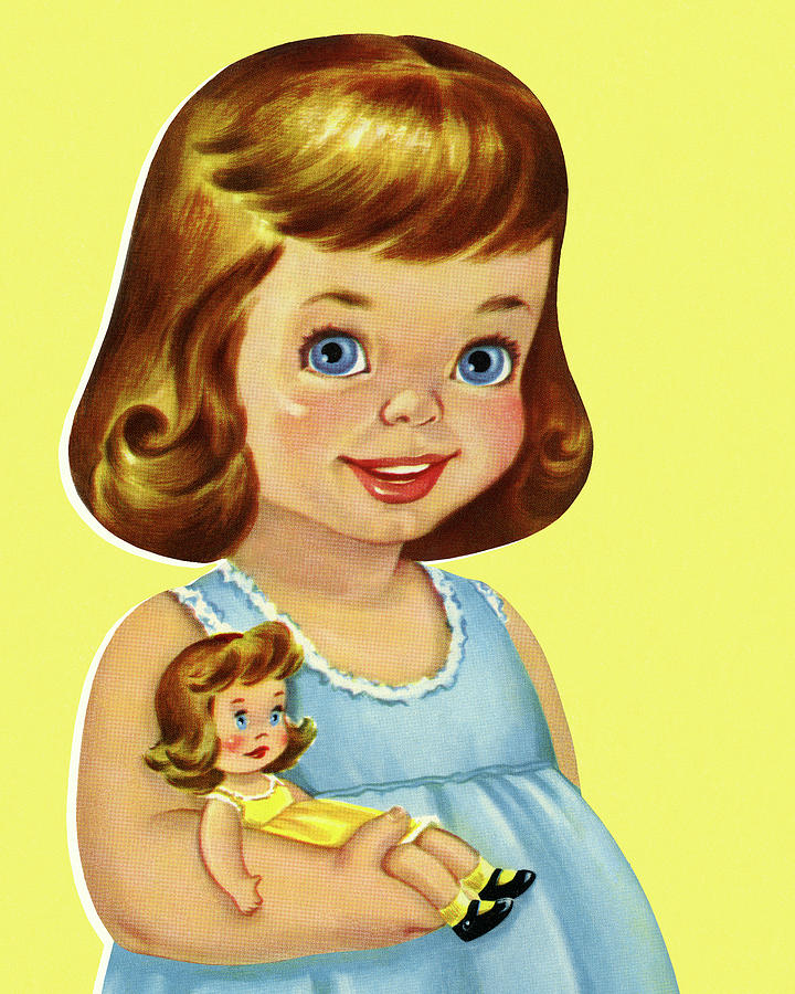 Vintage Drawing - Girl Holding a Doll by CSA Images