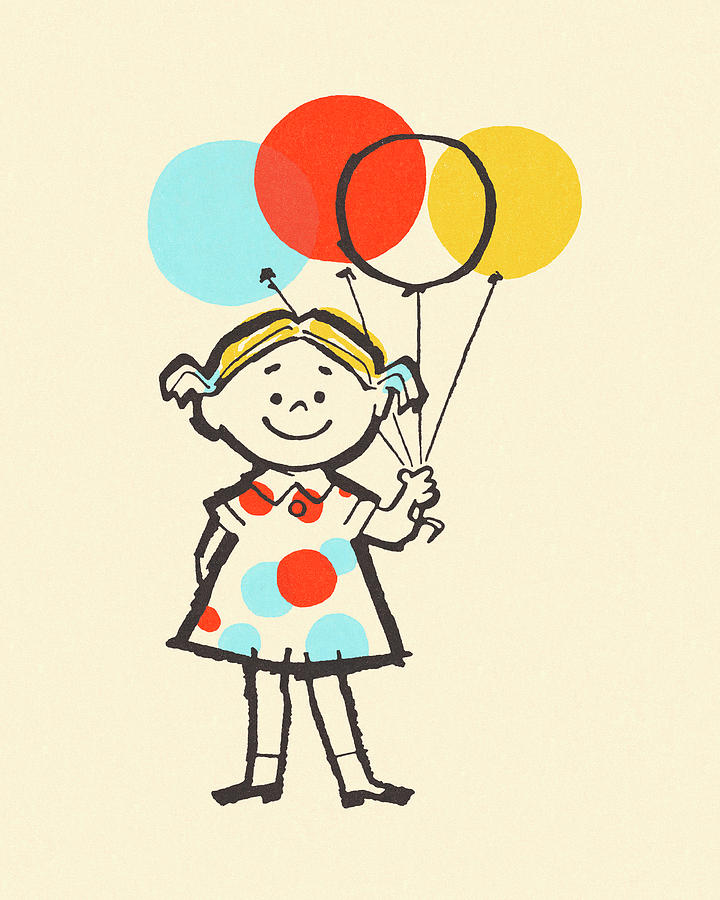 Vintage Drawing - Girl Holding Balloons by CSA Images