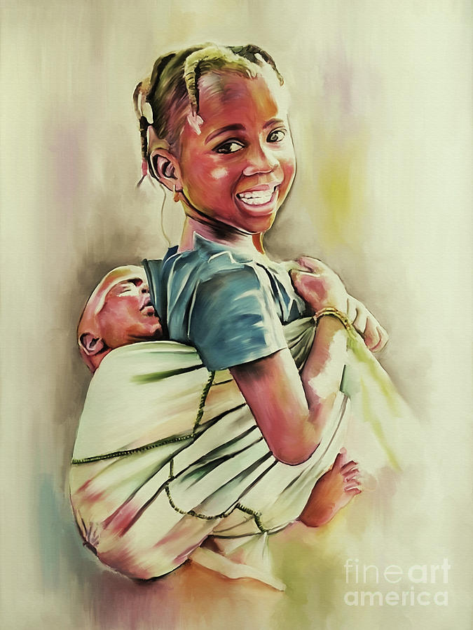 Girl holding child on back  Painting by Gull G