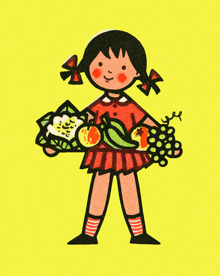Vintage Drawing - Girl Holding Fruit by CSA Images